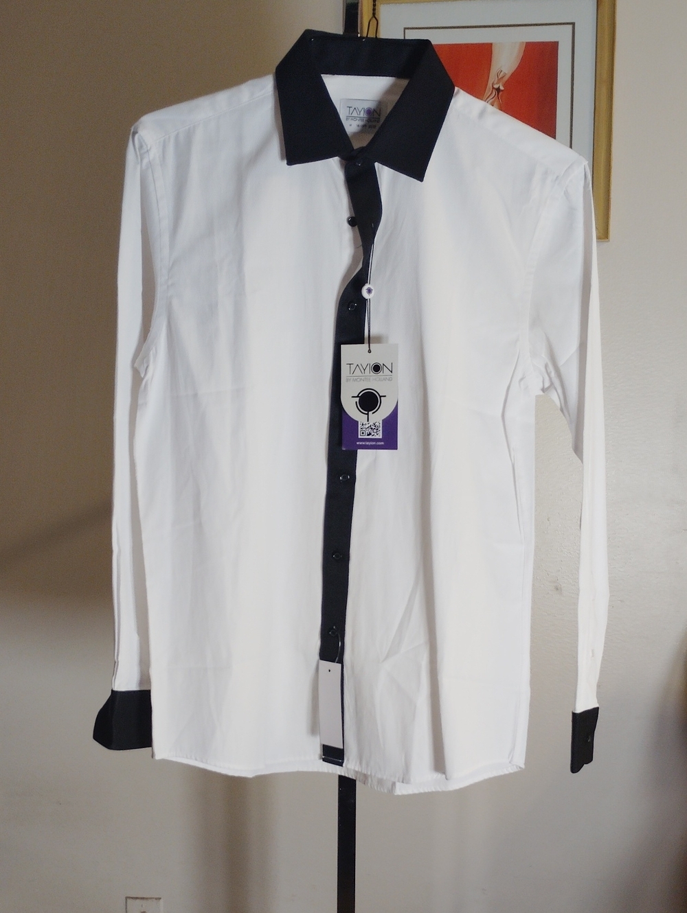 TAVION Contrast-Collar White Dress Shirt with Black Trim